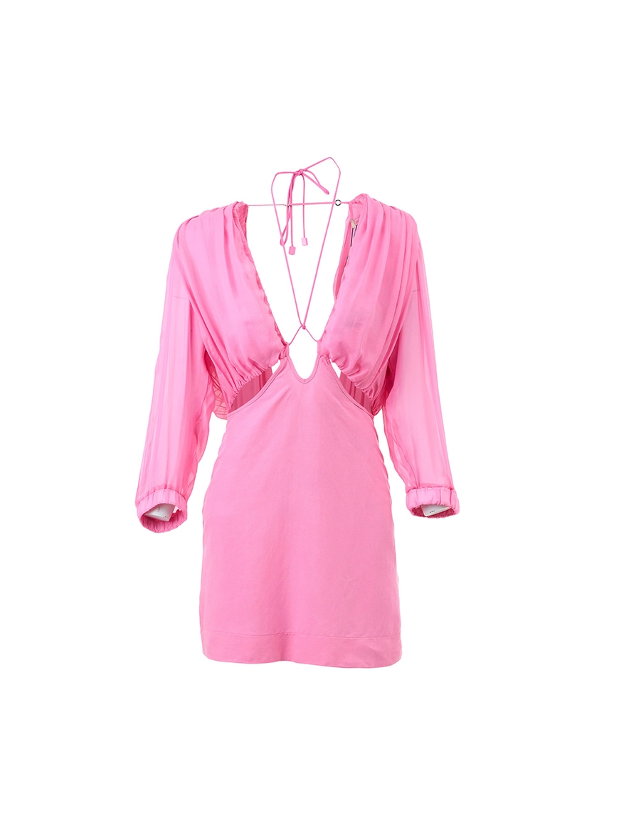 Vestido Decote Profundo Com Amarração Tule Rosa 1