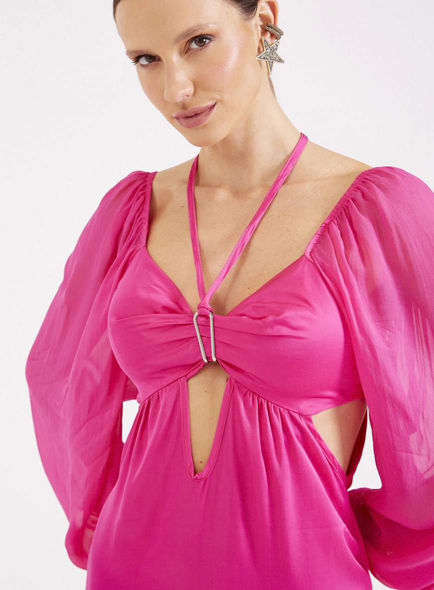 Vestido Slim Com Amarração E Detalhe Tule Rosa 3