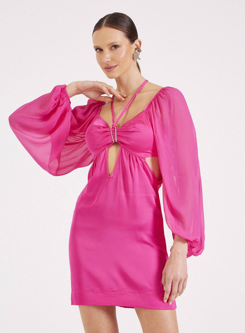 Vestido Slim Com Amarração E Detalhe Tule Rosa 1