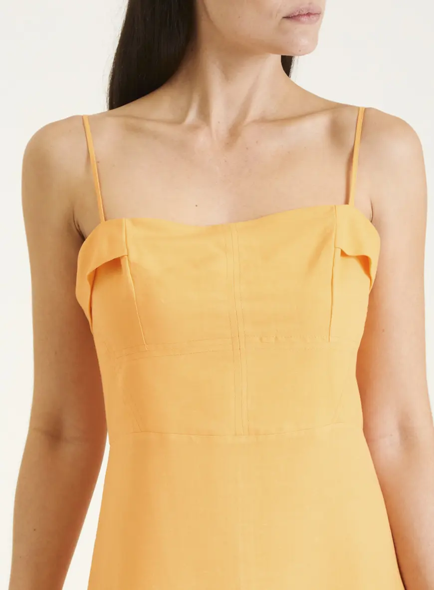 Vestido Linho Recortes Amplo Laranja