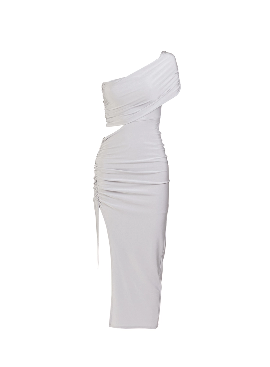 Vestido Midi Recortes Assimétrico Cinza