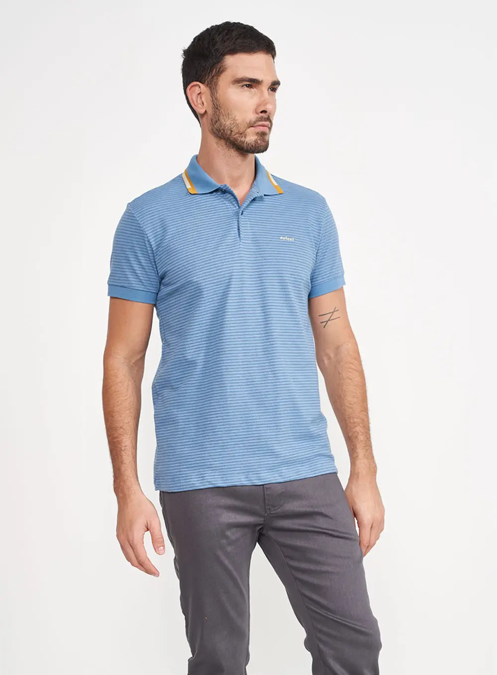 Camisa Polo Listrada Azul Claro Com Detalhe Gola Azul Windy Blue