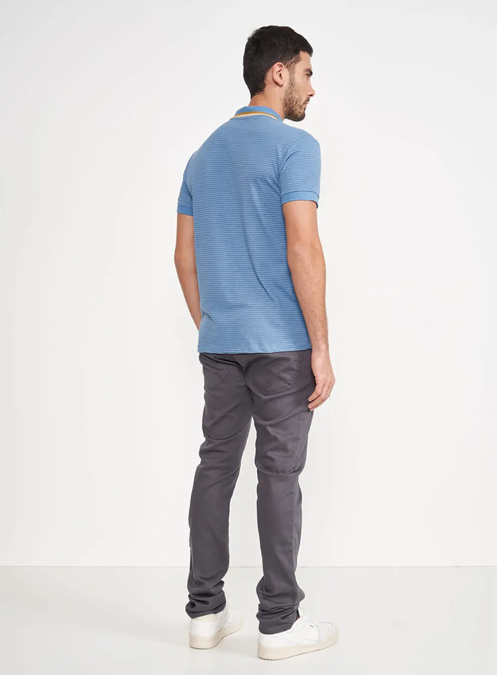Camisa Polo Listrada Azul Claro Com Detalhe Gola Azul Windy Blue
