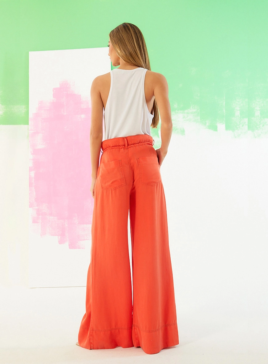 Calça Pantalona Com Elástico No Cós Laranja 2
