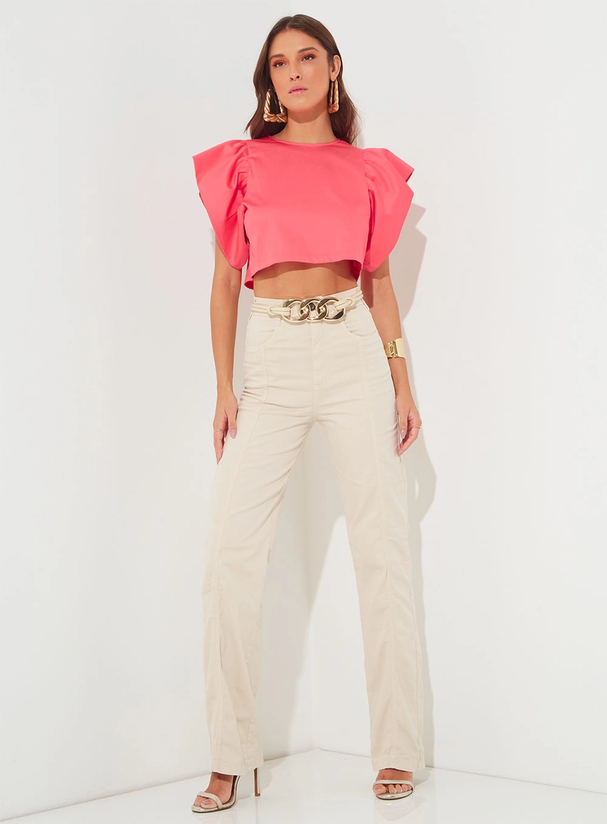 Calça Sarja Reta High Straight Bege 4