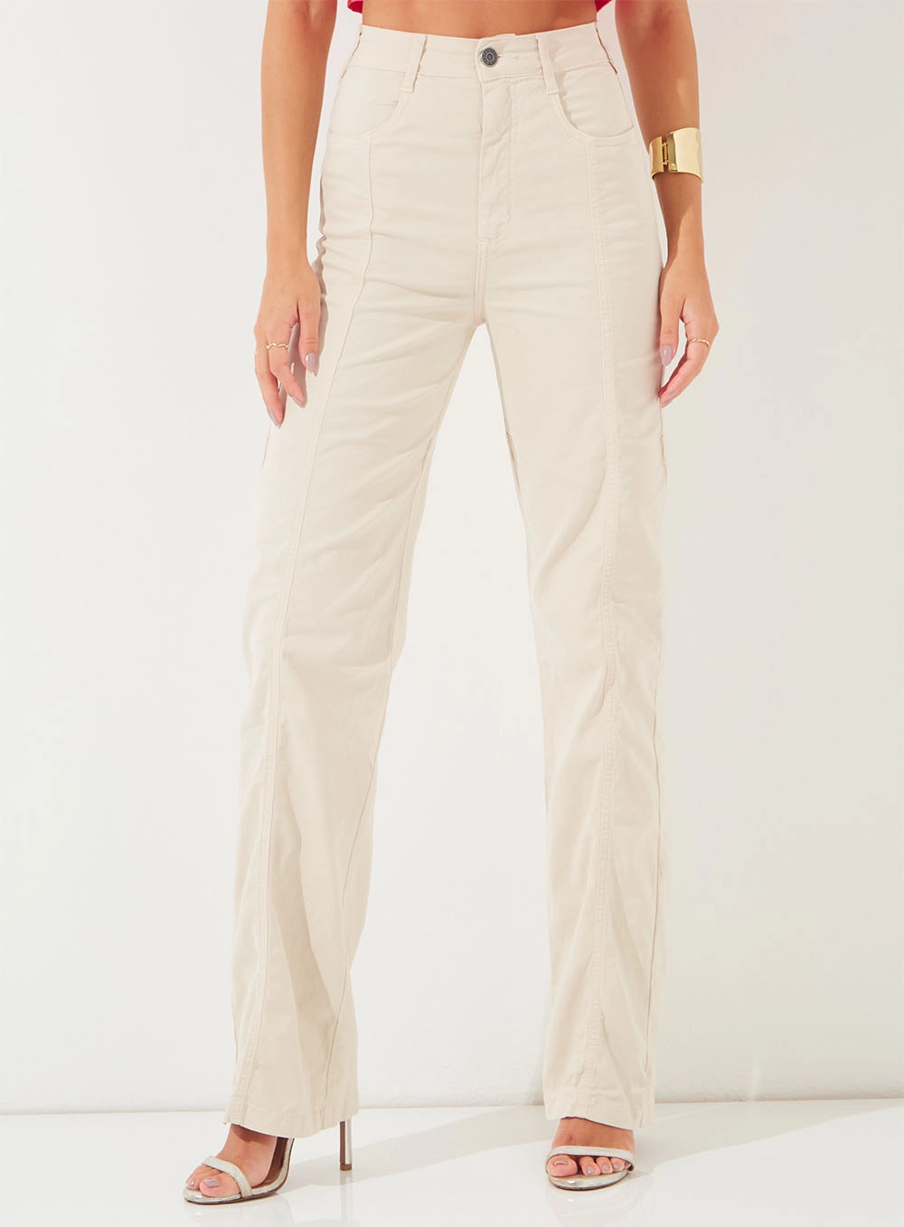Calça Sarja Reta High Straight Bege 1
