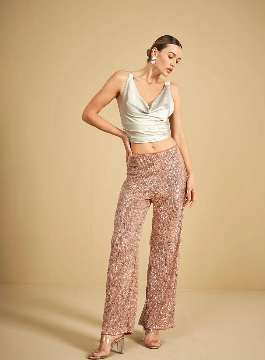 Calça Reta Em Paetê Marrom 4