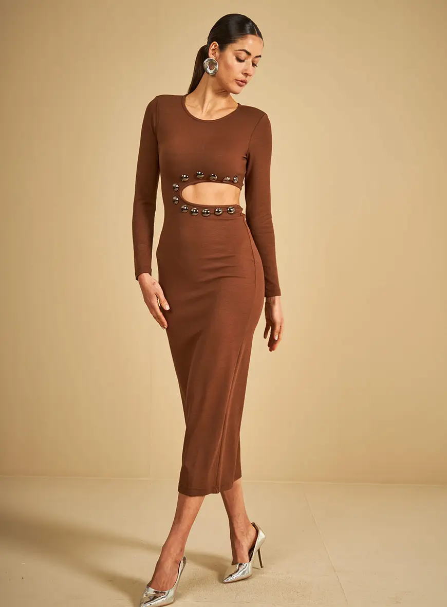 Vestido Midi Detalhe Abertura Marrom 1