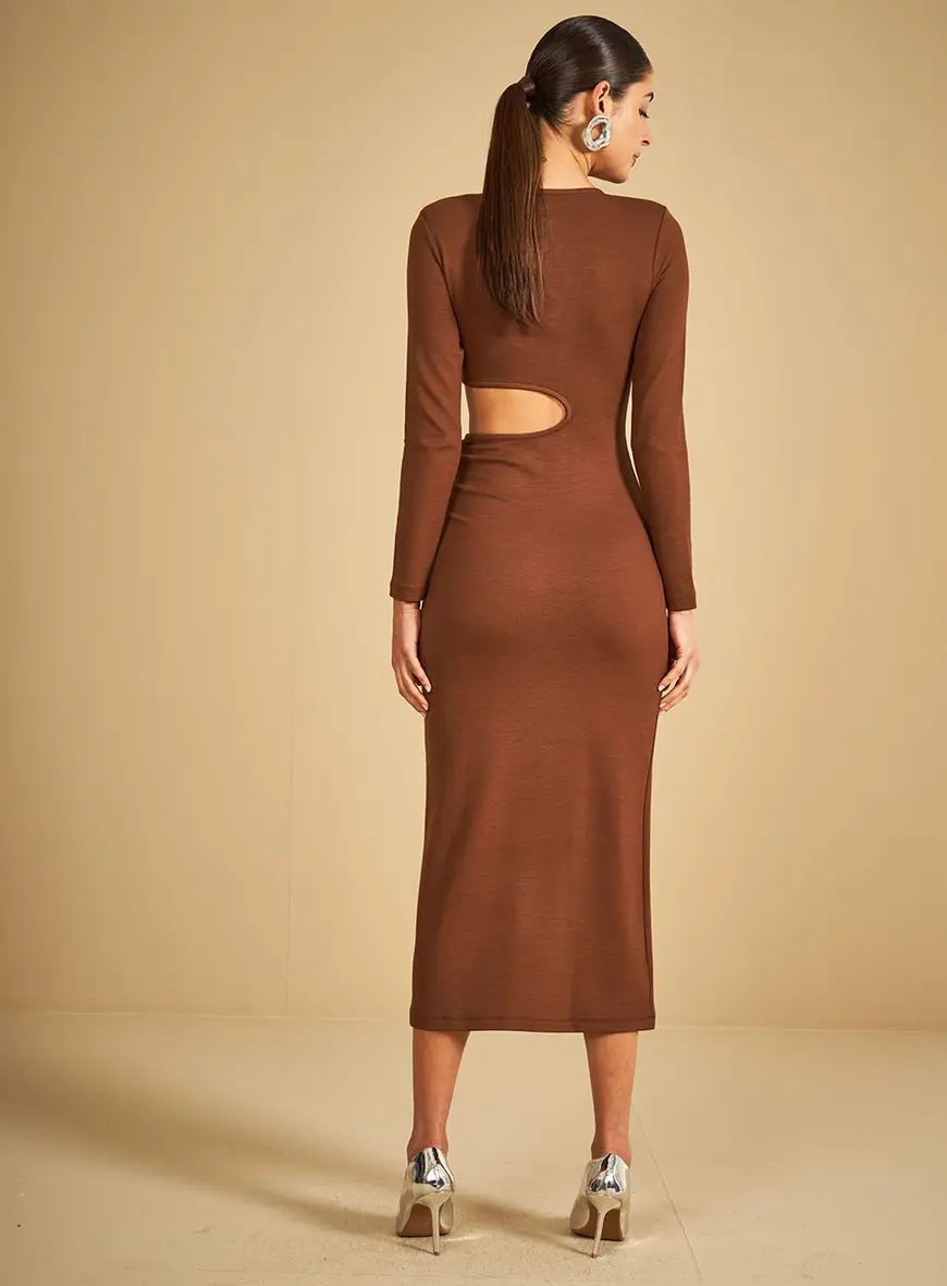 Vestido Midi Detalhe Abertura Marrom 2