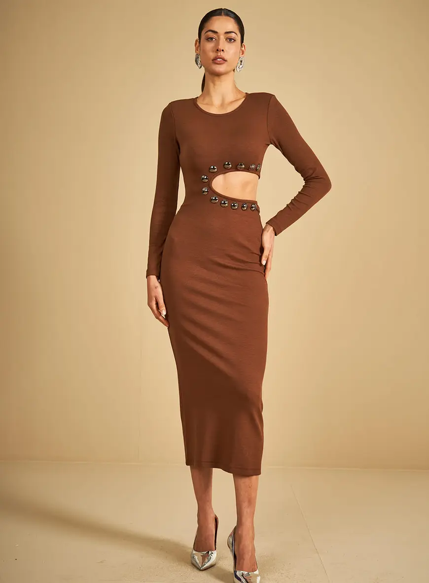 Vestido Midi Detalhe Abertura Marrom 4