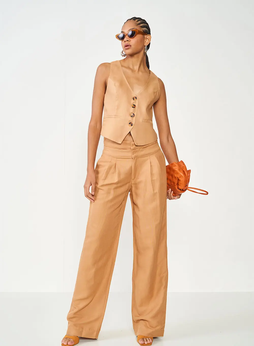 Calça Alfaiataria Jade Cós Duplo Marrom Delle