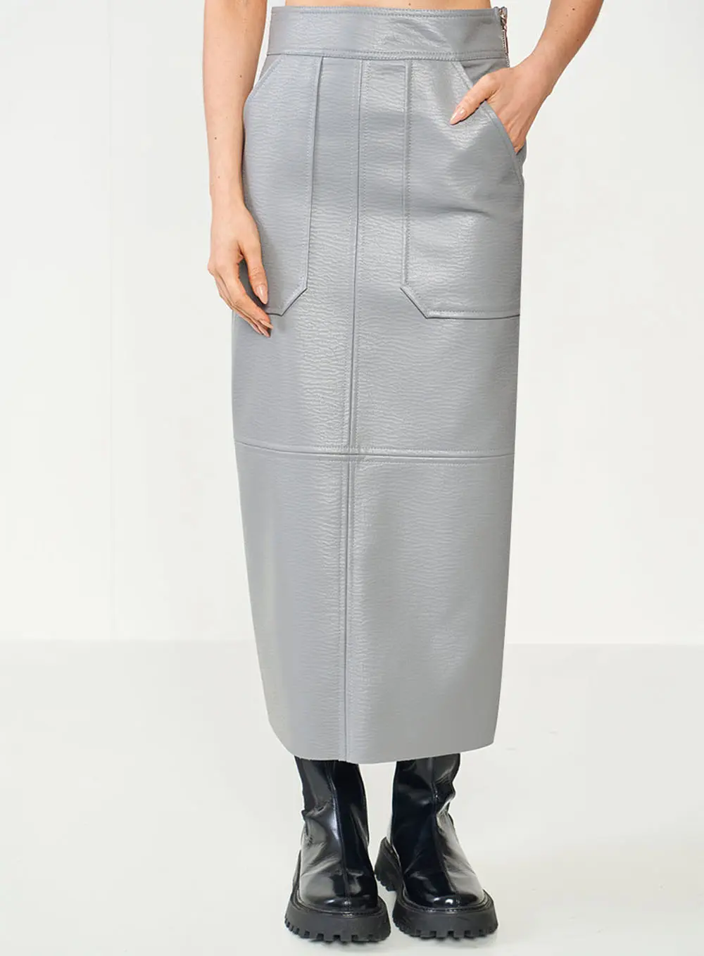 Saia Slim Midi Com Recortes Cinza