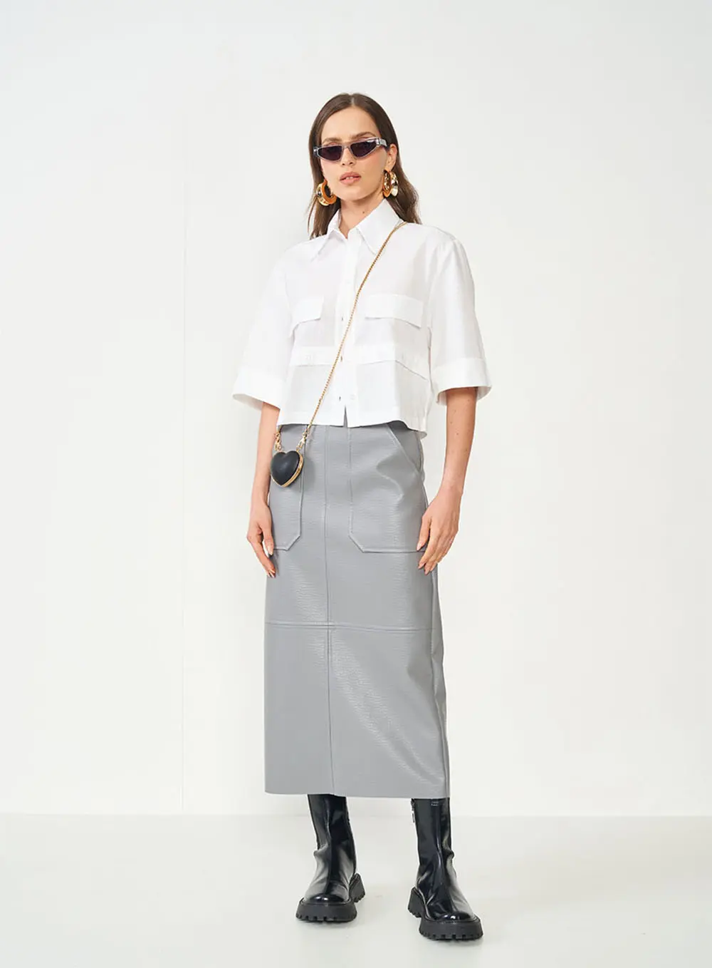 Saia Slim Midi Com Recortes Cinza