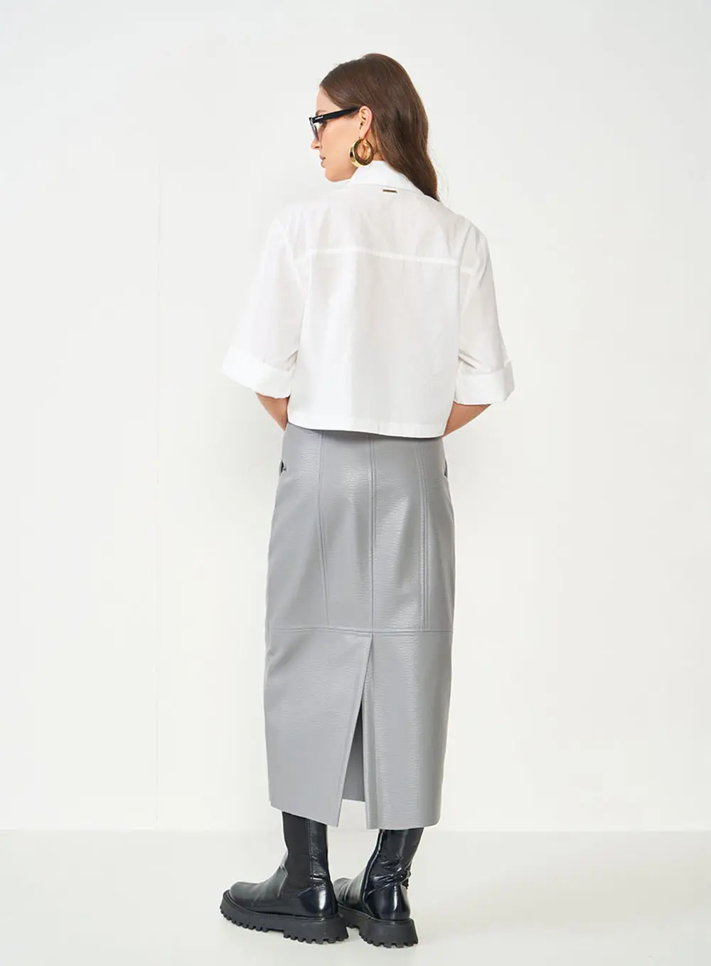Saia Slim Midi Com Recortes Cinza