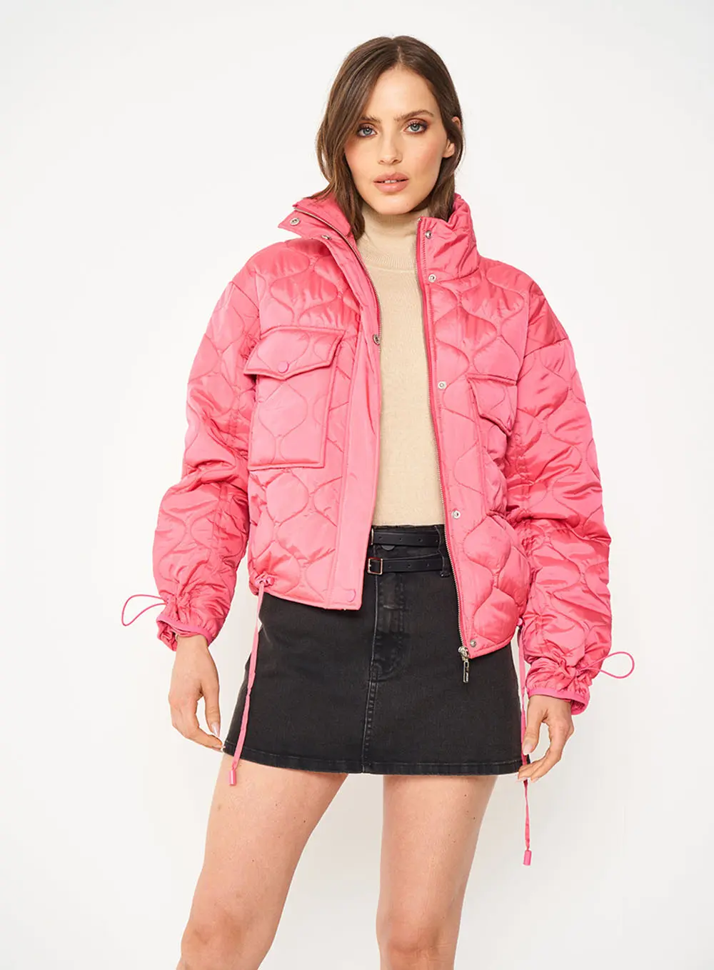 Jaqueta Loose Com Gola Alta Rosa Hiller