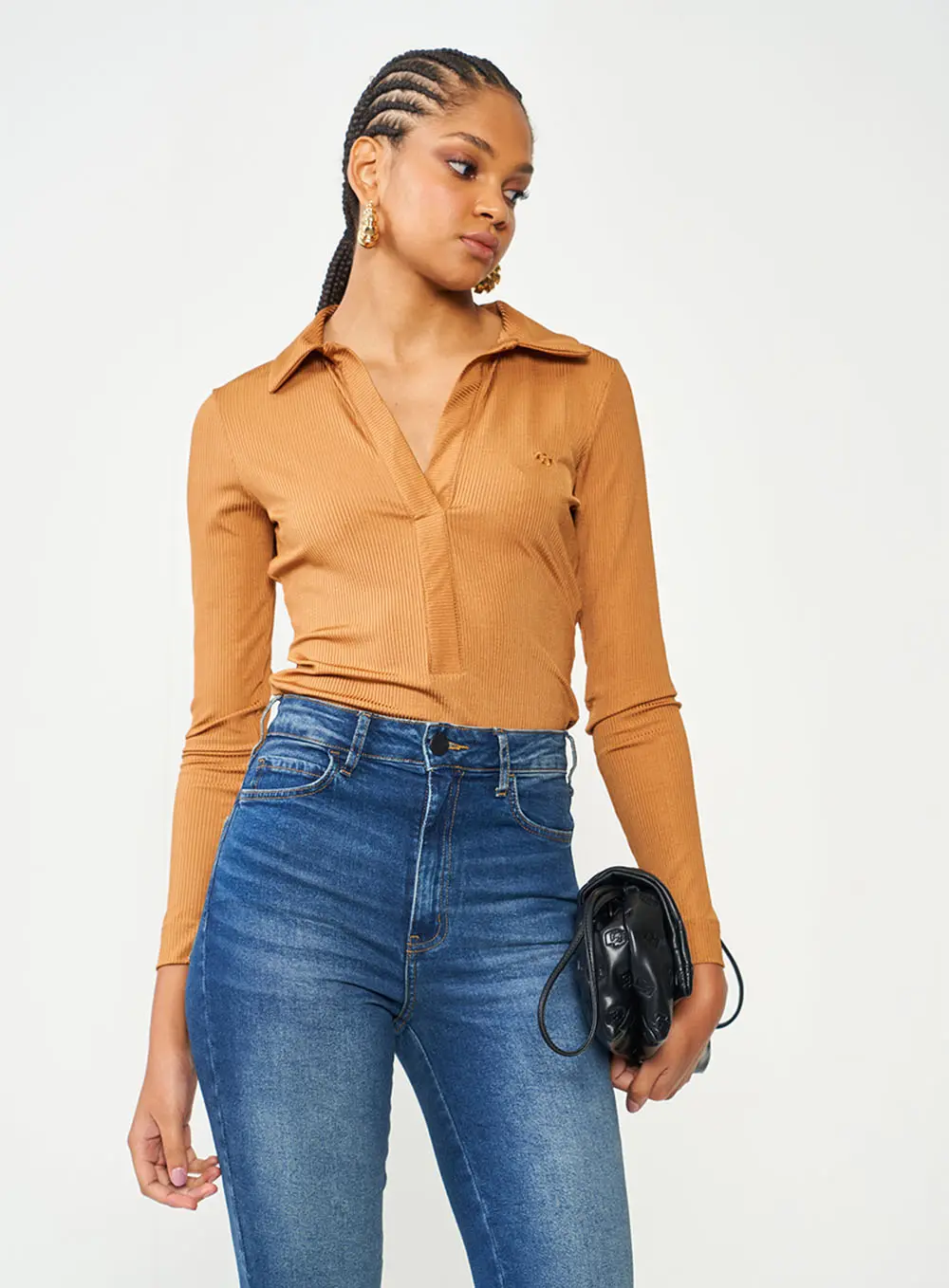 Blusa Slim Canelada Manga Longa Marrom Delle