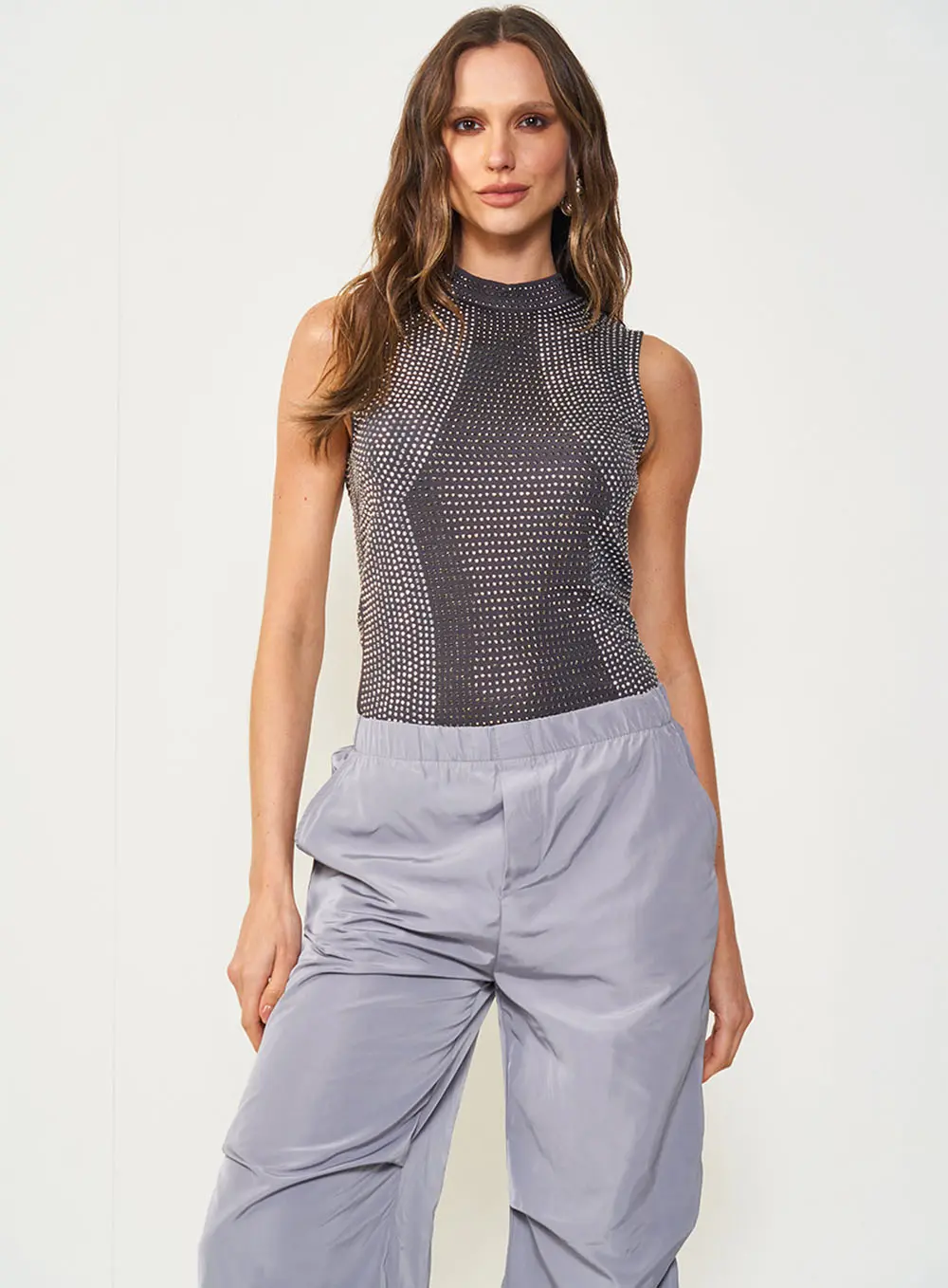 Blusa Cinza Slim Com Aplicação De Strass CINZA