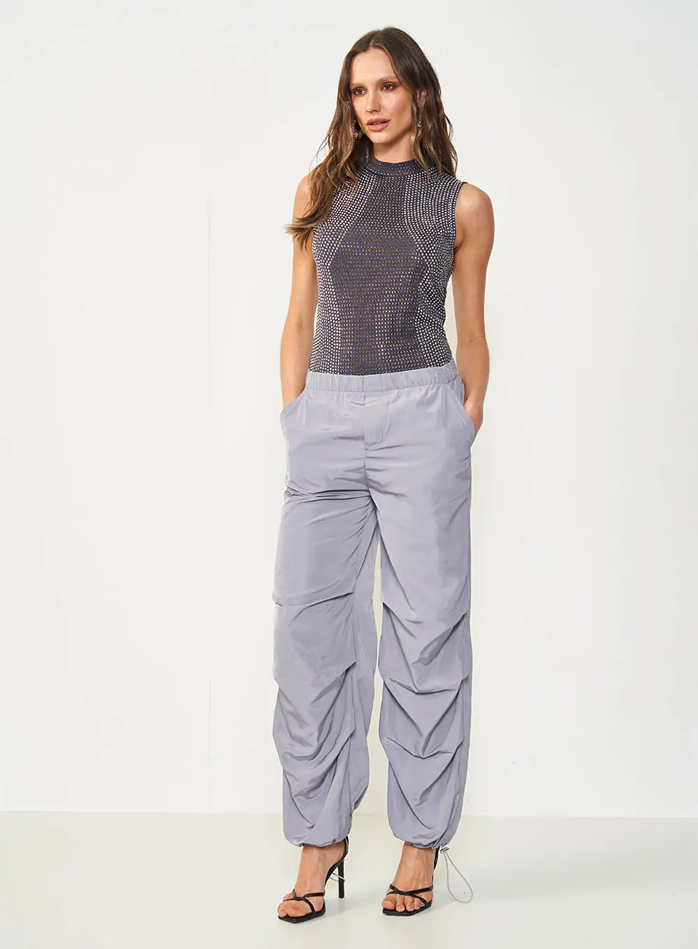 Blusa Cinza Slim Com Aplicação De Strass CINZA