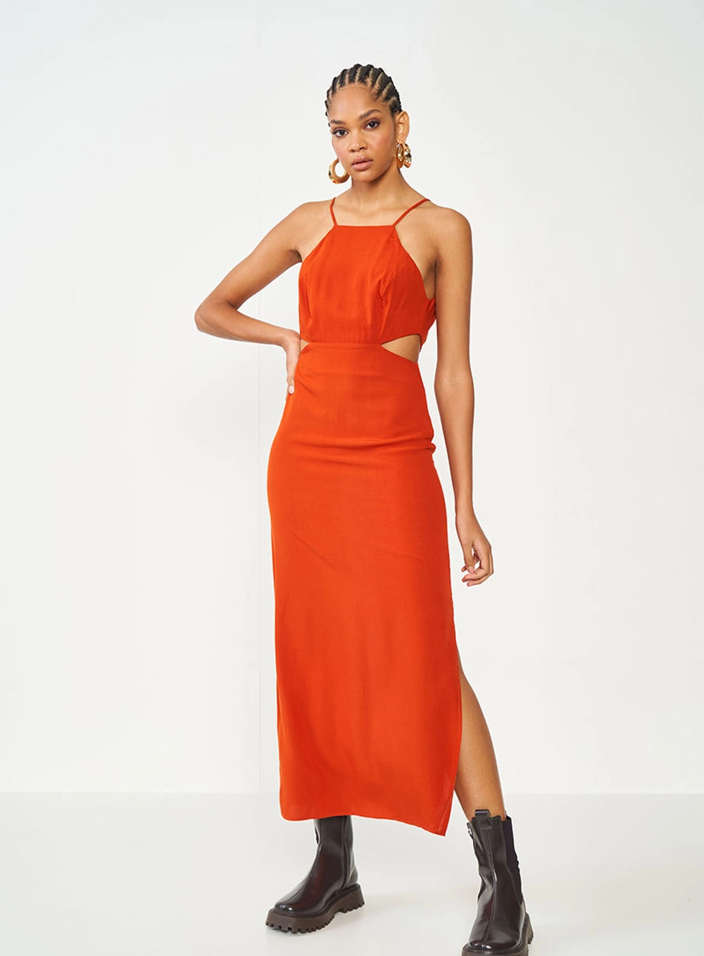 Vestido Slim Com Fenda E Recorte Laranja