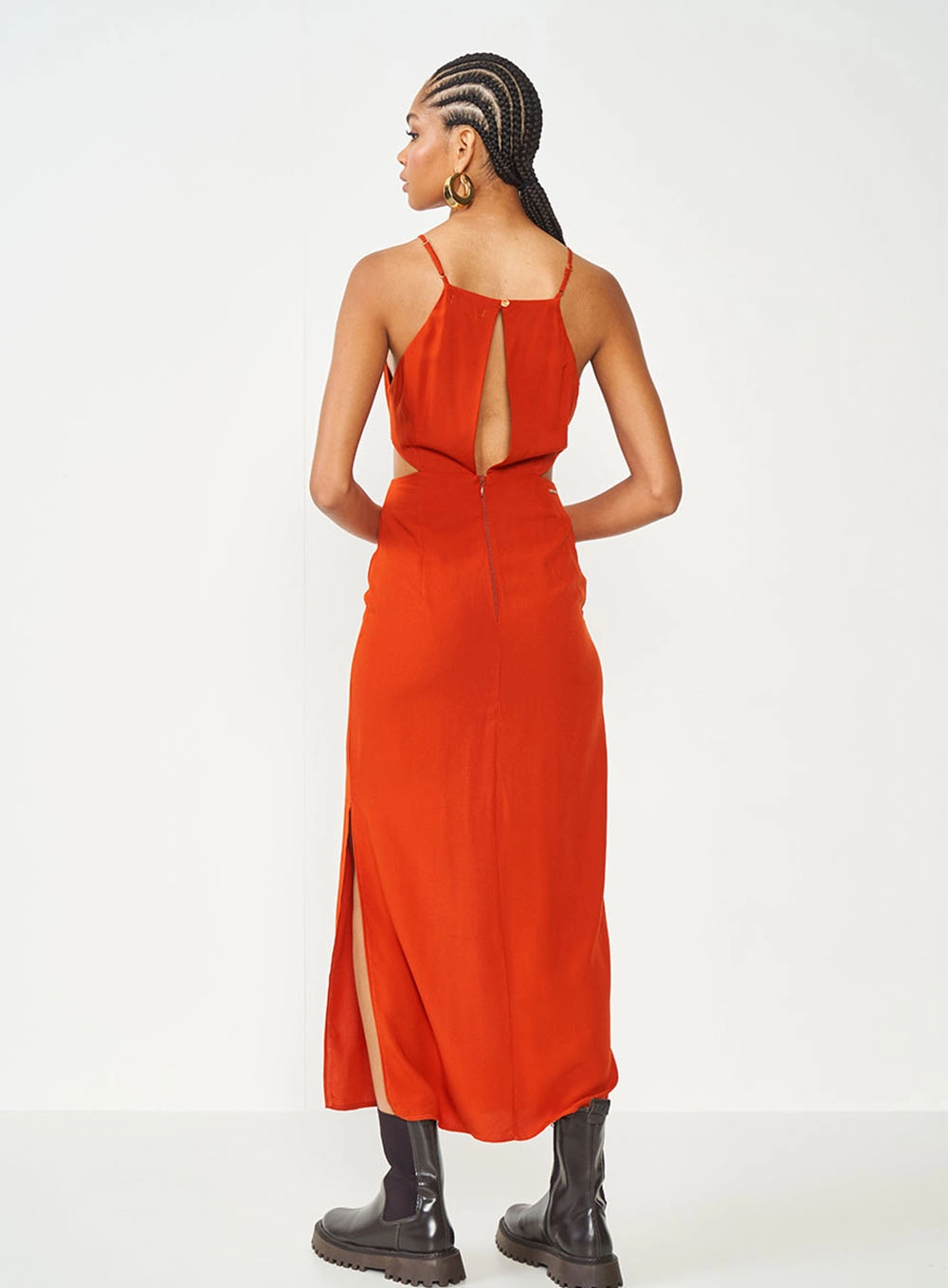 Vestido Slim Com Fenda E Recorte Laranja