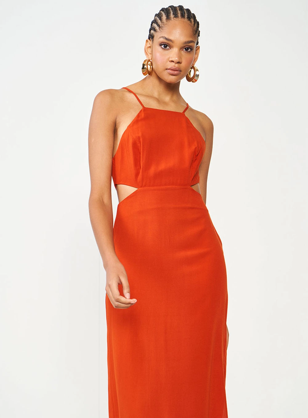 Vestido Slim Com Fenda E Recorte Laranja