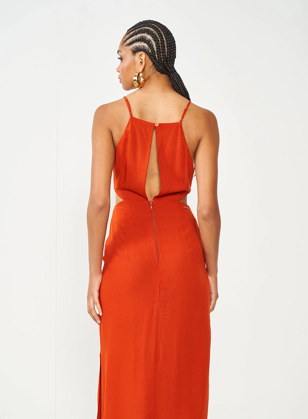 Vestido Slim Com Fenda E Recorte Laranja
