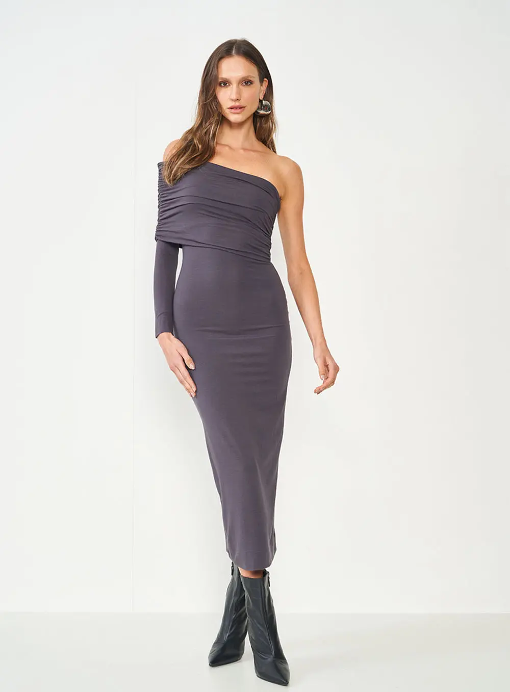 Vestido Slim Com Detalhe Manga Direita CINZA