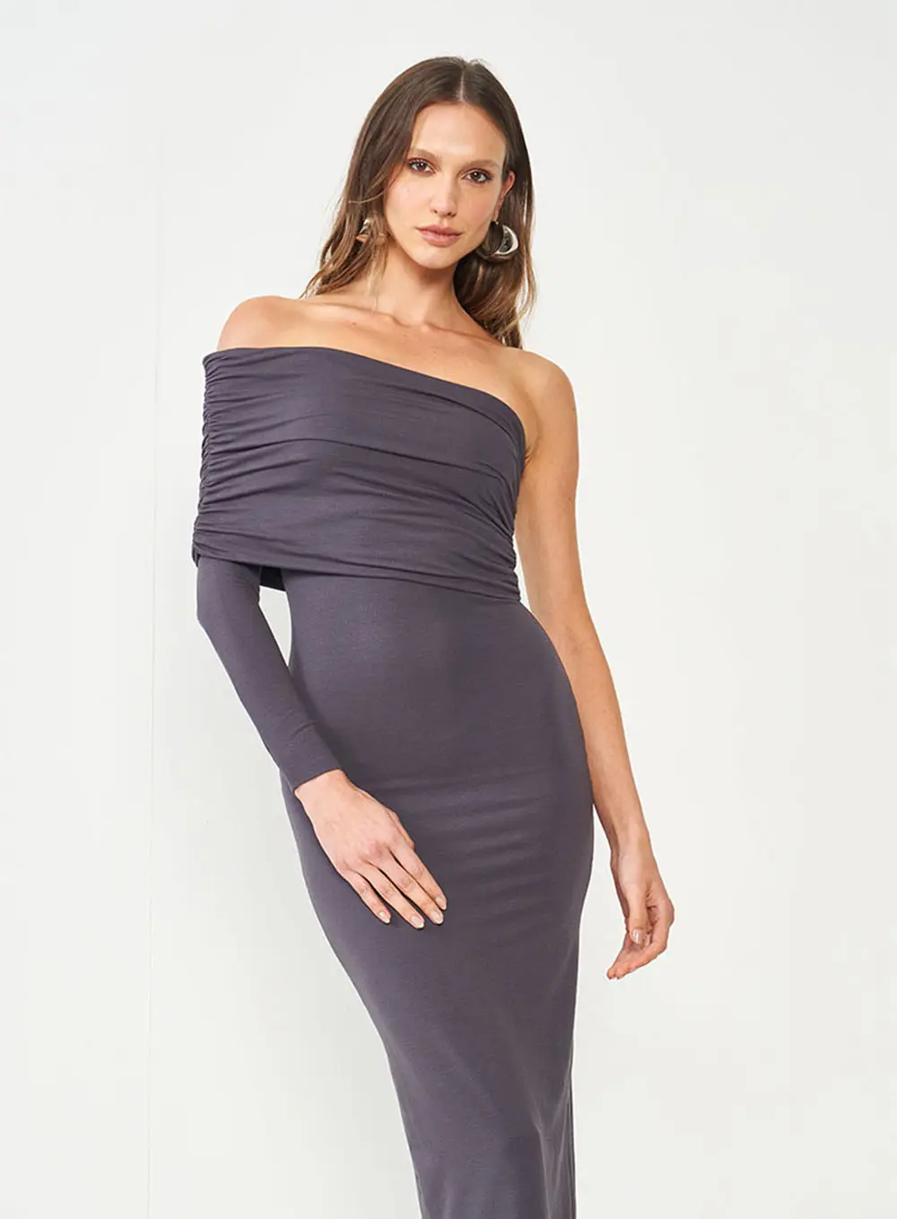 Vestido Slim Com Detalhe Manga Direita CINZA