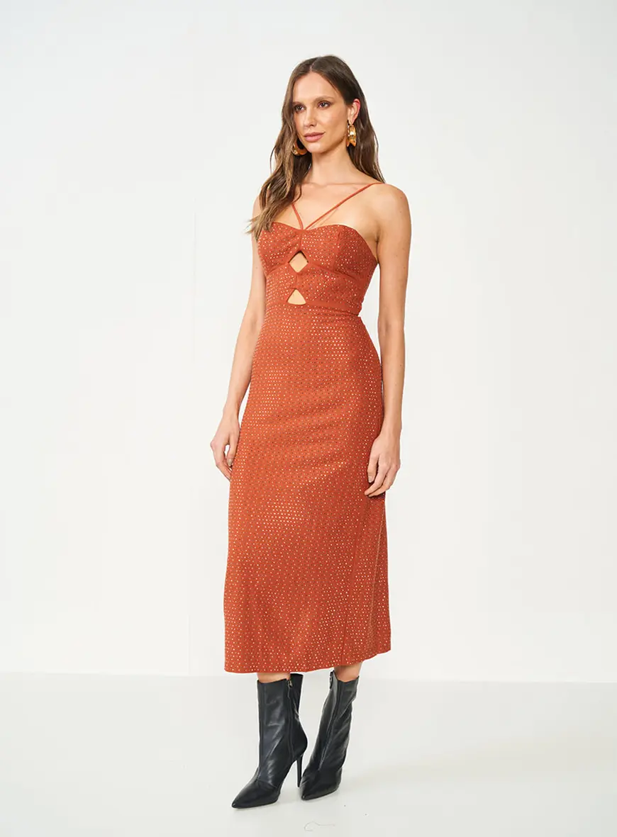 Vestido Longo Alinhado Marrom Com Strass