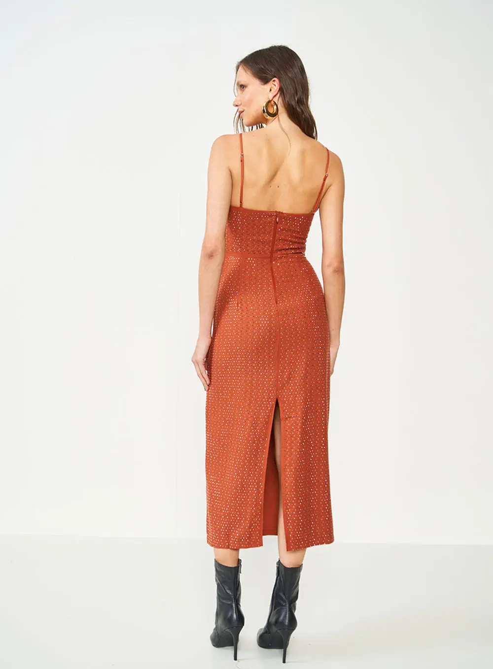 Vestido Longo Alinhado Marrom Com Strass Marrom
