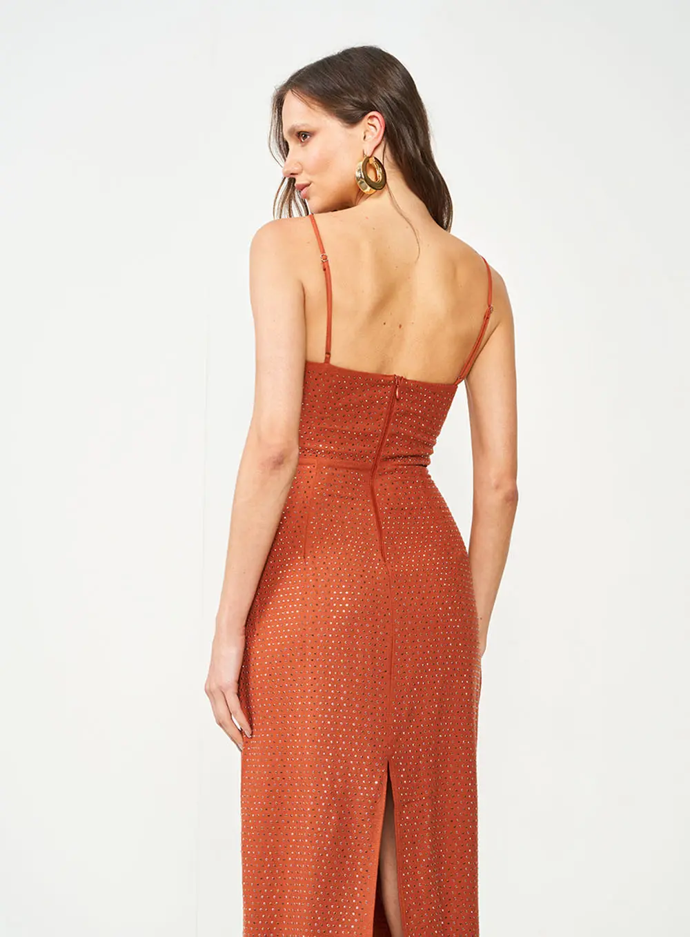 Vestido Longo Alinhado Marrom Com Strass Marrom