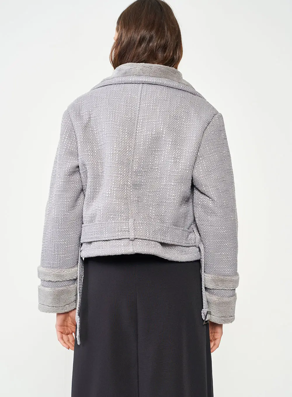 Casaco Tweed Com Cinto Cinza