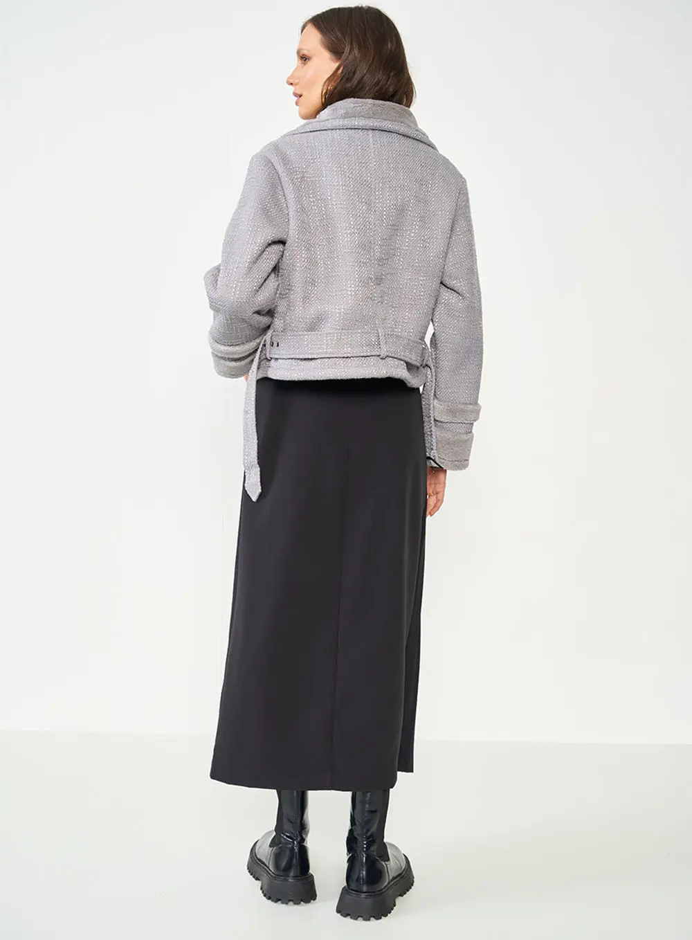 Casaco Tweed Com Cinto Cinza