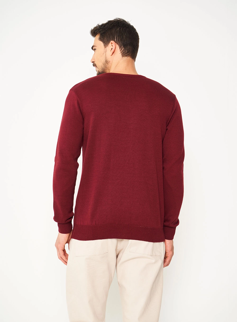 Suéter Slim De Tricô Gola V Bordo Bordo