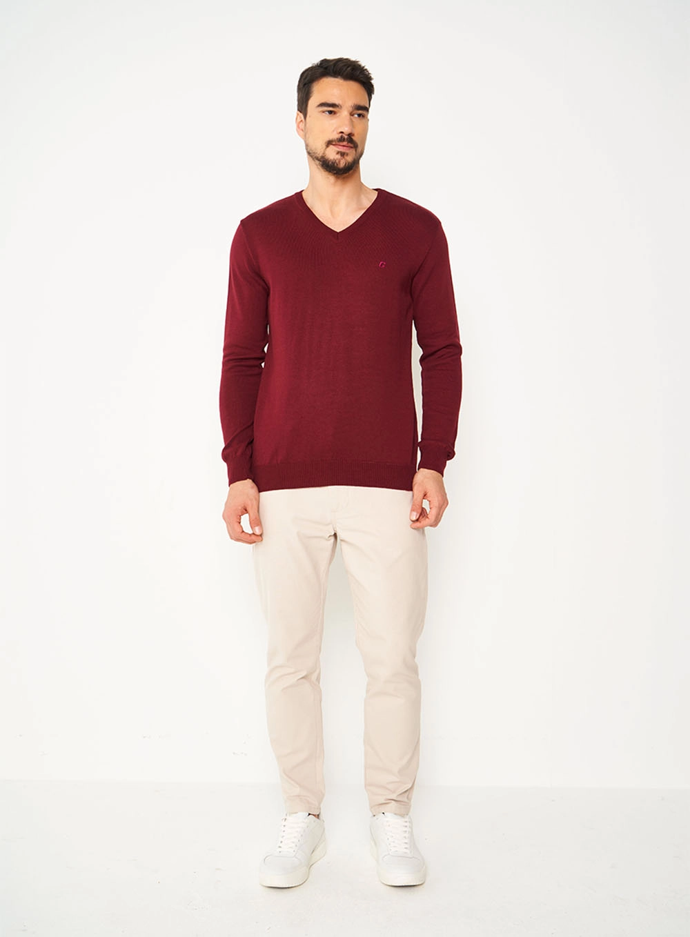 Suéter Slim De Tricô Gola V Bordo Bordo