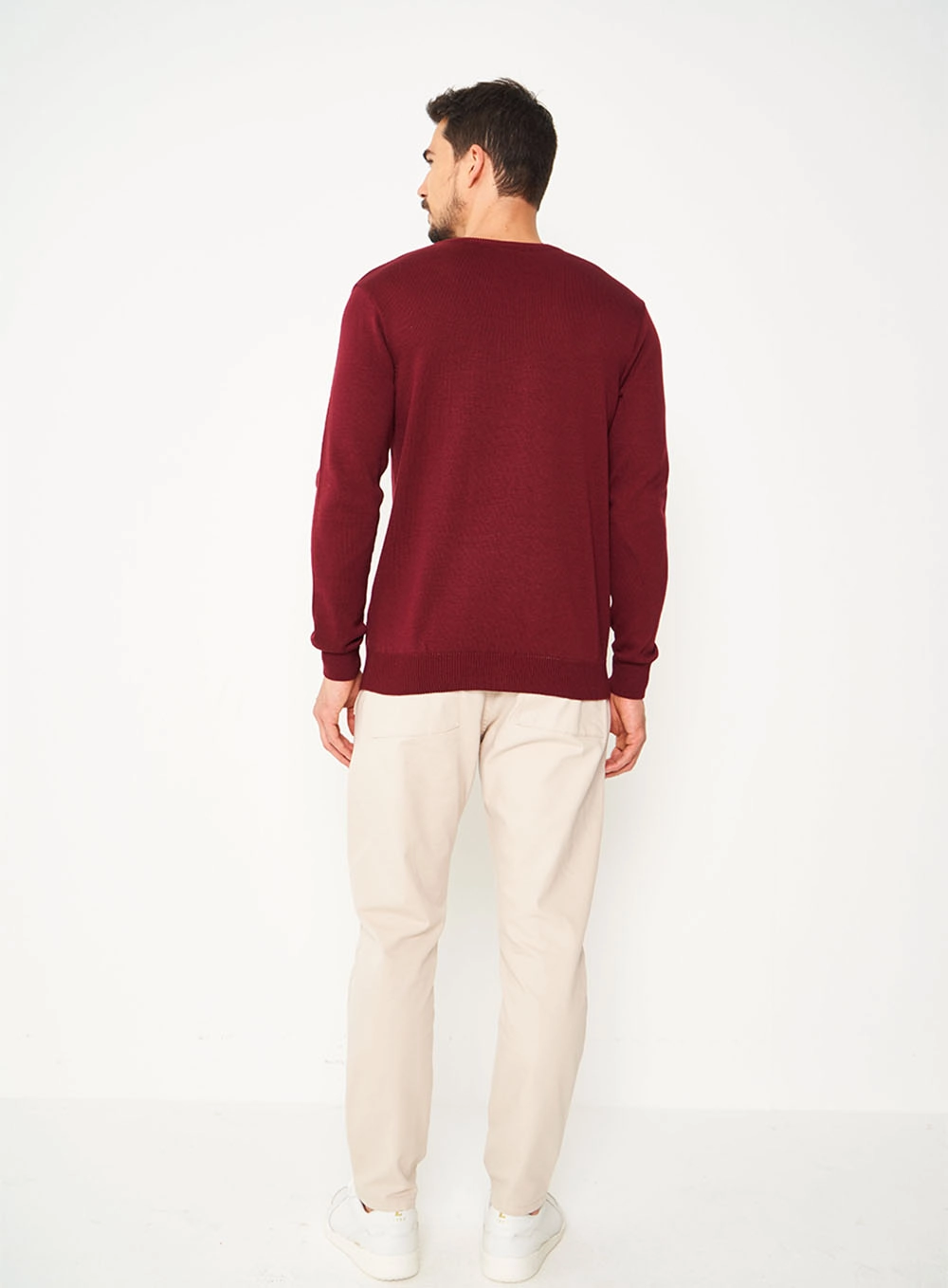 Suéter Slim De Tricô Gola V Bordo Bordo