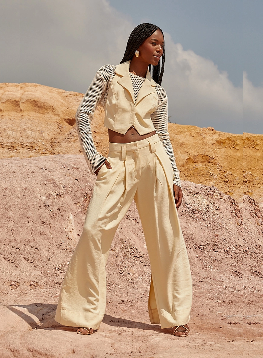 Calça Ampla Com Pregas Amarelo 3