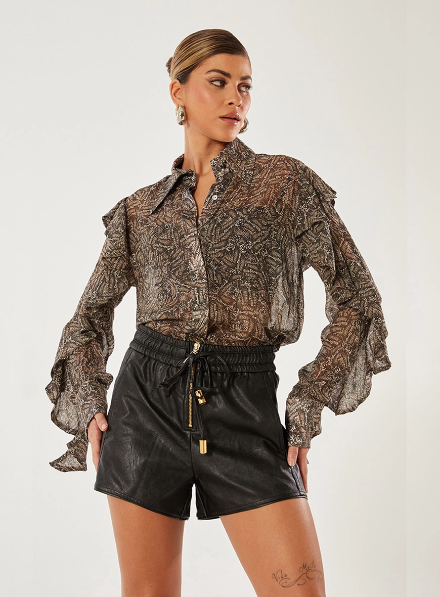 Short Cós Com Elástico Couro Fake Preto 1