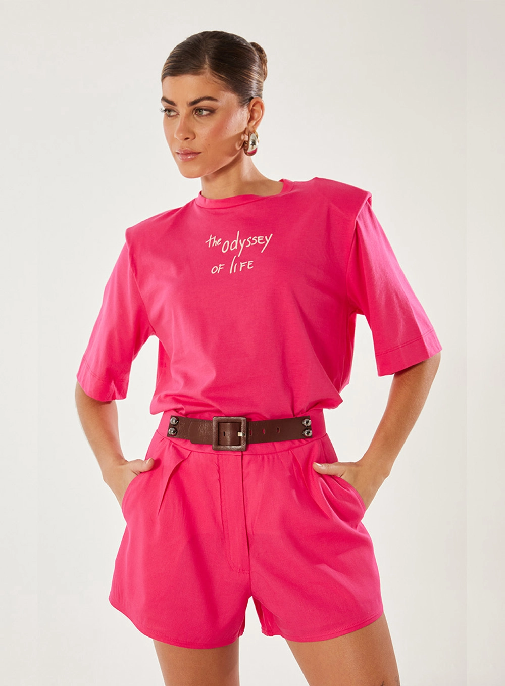 Short Detalhe Cinto Em Linho Rosa 1