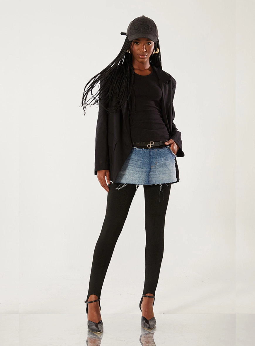 Saia Em Sarja Com Recortes Em Jeans Preto 1