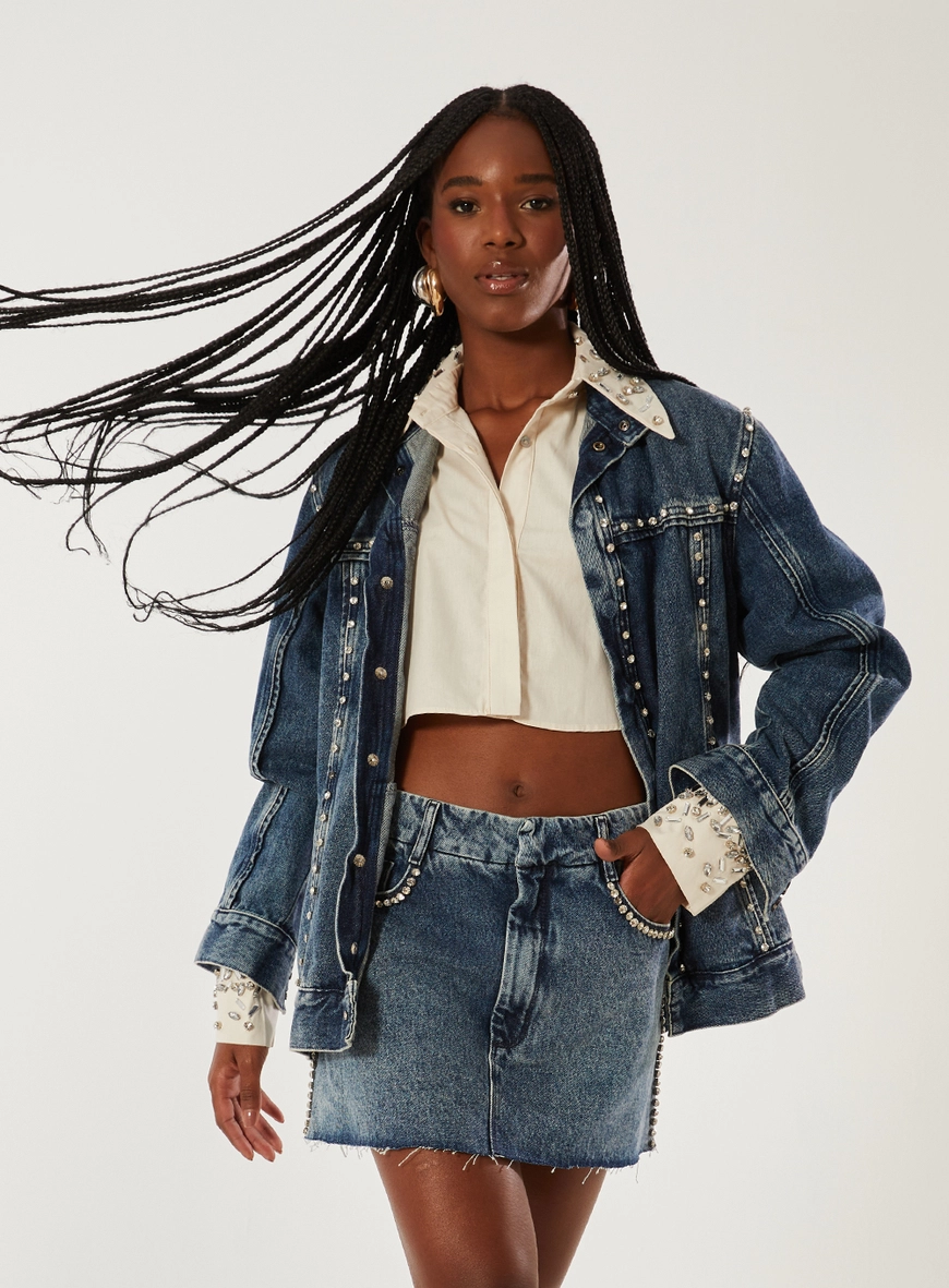 Saia Jeans Com Bordado Manual Índigo 1