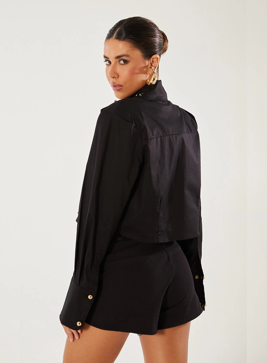 Camisa Gola Dupla Com Bordado Manual Preto 2