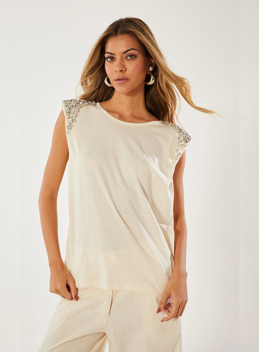 Blusa Muscle Com Bordado Manual Bege 1