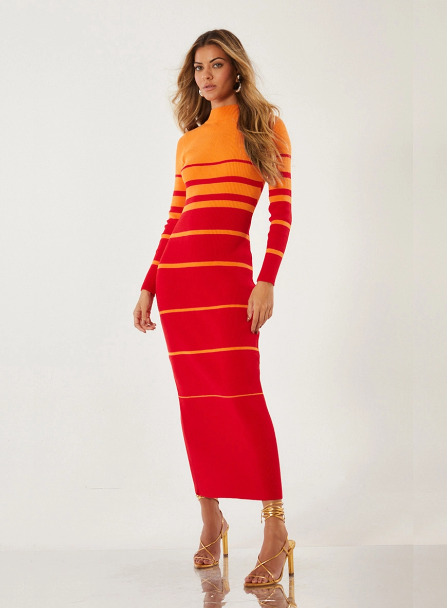 Vestido Tricô Gola Alta Listrado Estampado 1