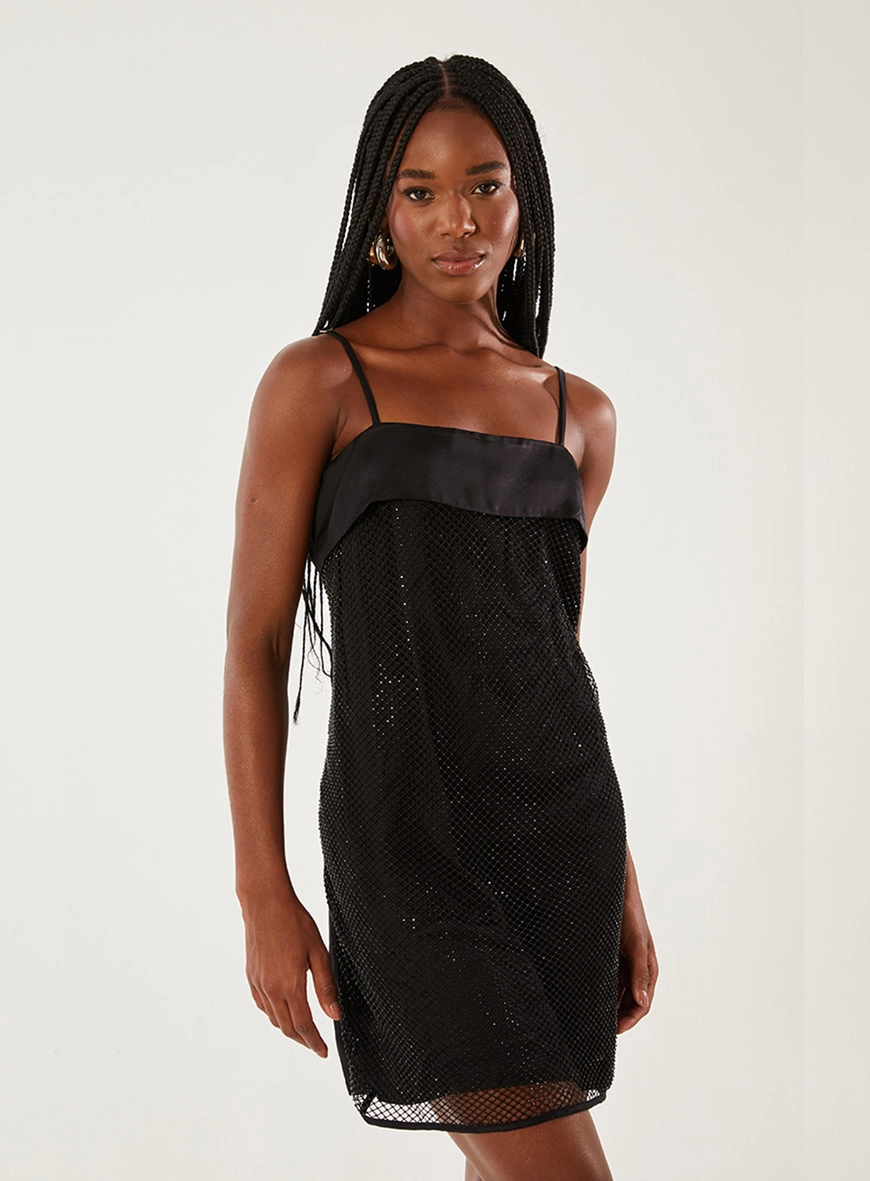 Vestido Tule Decote Reto Preto 1