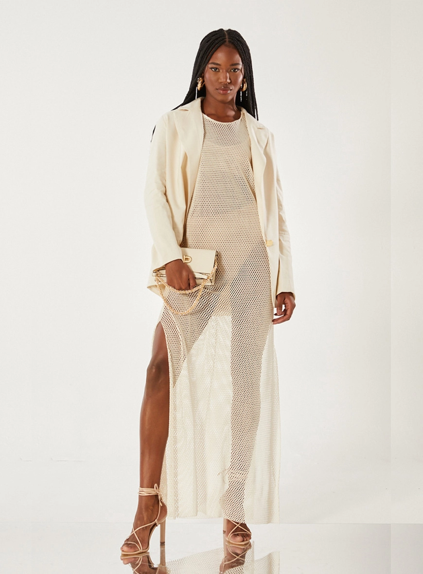 Vestido Tela Com Fenda Lateral Bege 1