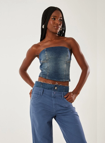 Top Jeans Sem Alça Slim