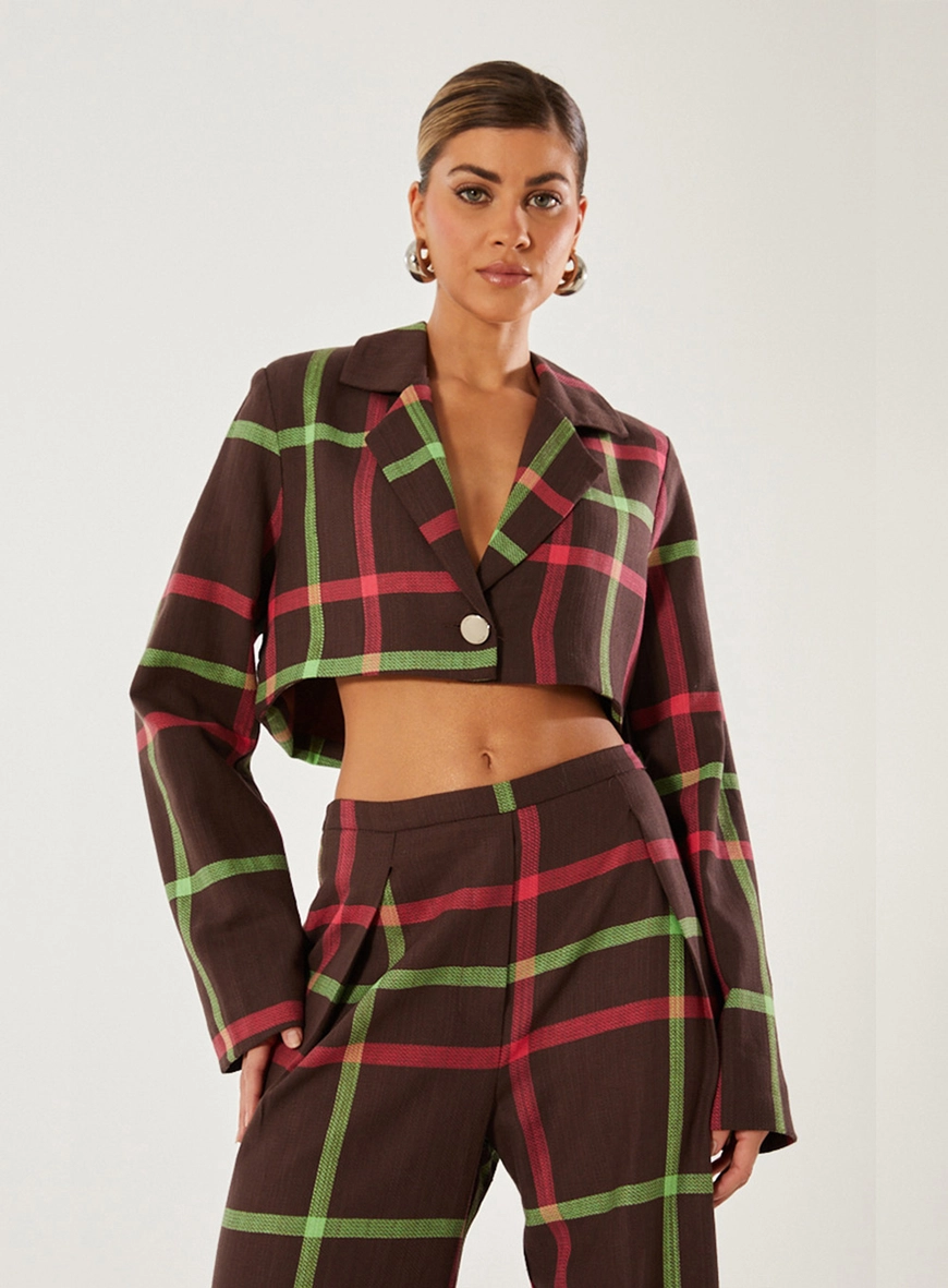 Blazer Cropped Linho Xadrez Estampado 1