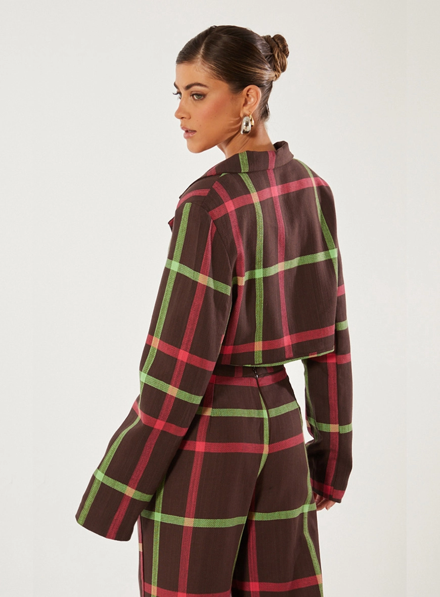 Blazer Cropped Linho Xadrez Estampado 2