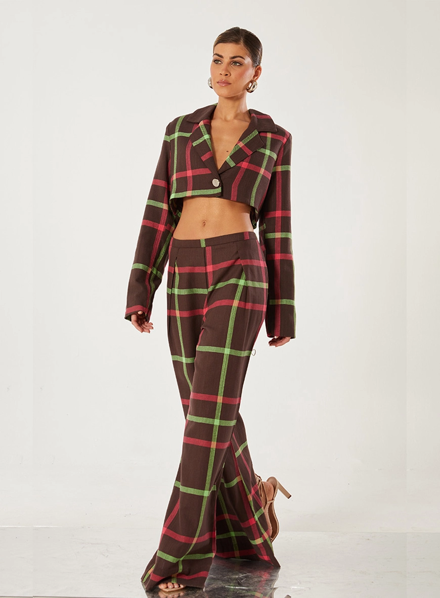 Blazer Cropped Linho Xadrez Estampado 3